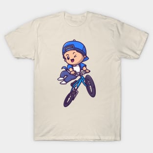Cute Boy Riding Bicycle Cartoon T-Shirt